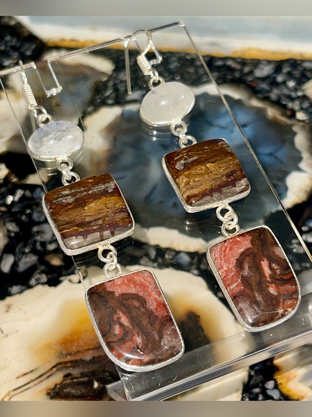 Jumbo Rainbow Moonstone, Picasso Jasper & Red Creek Jasper Earrings 3”